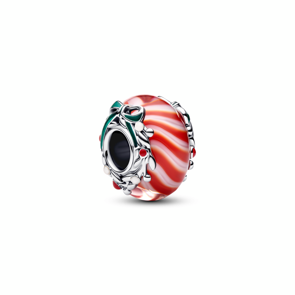 Candy Charm aus Sterlingsilber mit rotem und weißem Murano-Glas, schimmerndem weißen, roten und grünen Emaille