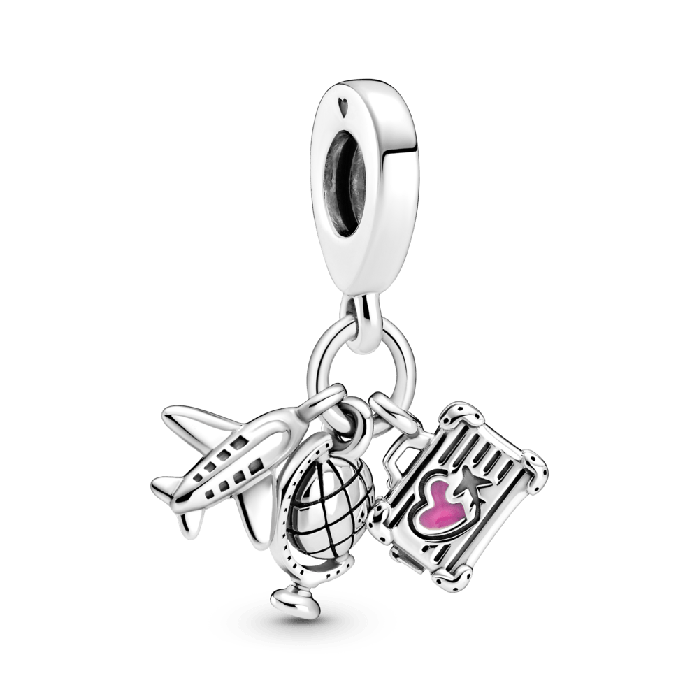 Hanging bead with an airplane, a globe and a suitcase